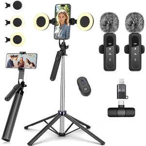 YUANRAN Treppiede per cellulare Vlogging-Kit per iPhone/Android, selfie stick da 180 cm con 2 luci di riempimento e microfono senza fili, treppiede per smartphone, kit di partenza per Tiktok/YouTube