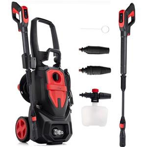 LEHMANN Idropulitrice Austin, Pressione max. 220 bar, 1800 W, Portata 450 l/h, Pompa in alluminio, Autoadescante, Raggio d'azione 10 m, Ugelli & Lancia Schiuma, per Auto, Esterni di Casa, Nero/Rosso