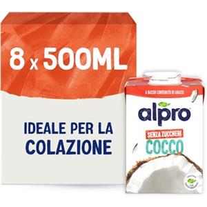 ALPRO SENZA ZUCCHERI, Bevanda al COCCO, Alternativa Vegetale al Latte, Naturalmente Senza Lattosio, con Vitamine B2, B12 E D - 8 Confezioni da 500 ml