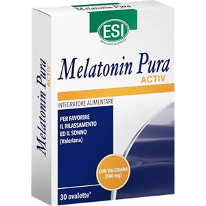 ESI - Melatonin Pura Activ, Integratore Alimentare in Ovalette a base di Melatonina e Valeriana, Favorisce il Sonno e Contrasta lo Stress, Senza Glutine e Vegan, 30 Ovalette