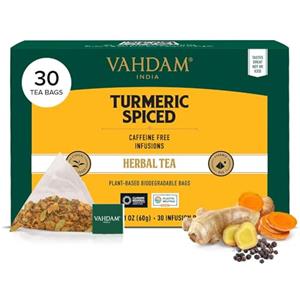 VAHDAM, Tisane alla Curcuma (30 Bustine) Senza Caffeina | Tisane e Infusi 100% Puri | Tè alle erbe | In Bustine Piramidali per una Infusione Perfetta | Direttamente dall'India