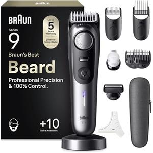 Braun Regolabarba Uomo Series 9, Rasoio Elettrico Barba Braun, +10 Strumenti Da Barbiere, Lama ProBlade Affilata A Vita, 180 Min, Selettore Di Precisione Con 52 Lunghezze, Impermeabile, BT9545, Cromo