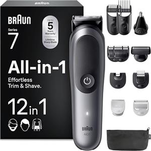 Braun Rifinitore All-In-One Series 7, Rasoio Elettrico Barba 12In1, Taglia Peli Naso E Orecchie, Macchinetta Per Capelli, Lama ProBlade, Tecnologia AutoSense, Wet&Dry, AIO7545, Grigio
