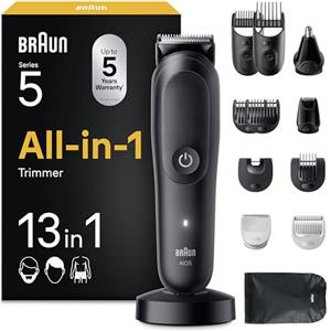 Braun Rifinitore All-in-One Series 5, Rasoio Elettrico Barba E Capelli 13In1, Taglia Peli Naso E Orecchie, Macchinetta Per Capelli, Lama ProBlade, Tecnologia AutoSense, Wet&Dry, AIO5565, Nero