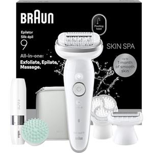 Braun Silk Epil 9 SkinSpa, Epilatore Elettrico Donna Con Testina Flessibile, Wet&Dry, Pelle Liscia A Lungo, Spazzola Esfoliante, Accessorio Massaggiante Corpo, Testina Radente, Cappuccio Regolatore