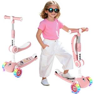 Hualonger Monopattino per Bambini-Monopattino Pieghevole Bambini 3 Ruote con Sedili Rimovibili,Scooter Bambina con Grande Ruota e Manubrio Regolabile,Scooter Bambino per 3 ai 8 Anni (Rosa)