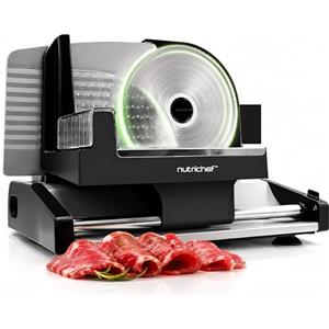 NutriChef Affettatrice Elettrica da Casa 200 Watt, Affetta Carne, Cibi, Affettatrice Salumi e Pane, Spessore Regolabile 0-15 mm, Lama in Acciaio Inox 19 cm Rimovibile, Pressatore di Sicurezza, Nera