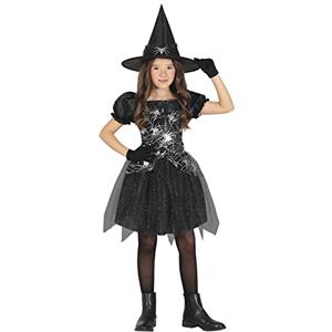 FIESTAS GUIRCA | Costume Strega Bambina - Nero Argento - 7-9 anni | Set 2 Pezzi | Cappello a Punta | Abito Tulle Glitter | Motivo Ragnatele | Halloween, Carnevale, Recite Scolastiche
