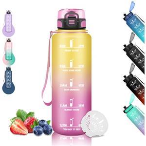 Grsta Borraccia 1,5 litri, Bottiglie Palestra, Senza Perdite, Borracce Motivazionale, con Scala Temporale, Borraccie Filtrante, Facile da Pulire, Borracce per Sport, Yoga, Trekking, Campeggio, Giallo-Rosa