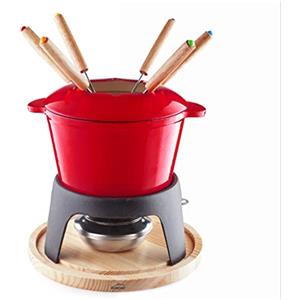 Lacor- 71711 - Set Fonduta di Ghisa Smaltata, Supporto in Ferro con base in Legno, Adatto per Induzione, 6 tenori, Ø 16,5x10cm (1,7 litri),Rosso