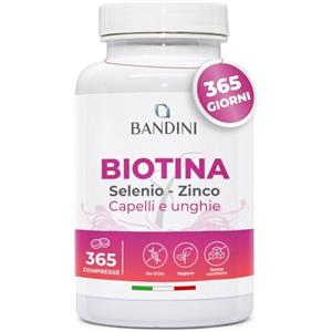 Bandini® Biotina per Capelli, Unghie e Pelle, Integratore con Selenio, Zinco e Vitamine, Crescita del Capello e Anticaduta, 365 Compresse, Alto Dosaggio e Assorbimento, 1 Anno di Trattamento Completo