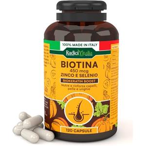 Eurocali Biotina Integratore Zinco e Selenio 450mcg con Vitamina B7 per Unghie Forti Pelle Sana e Crescita dei Capelli con Estratto di Zucca RadiciVitalia Made in Italy - 120 Capsule per 4 Mesi di Trattamento