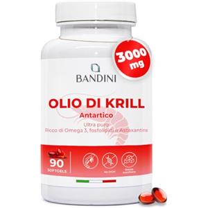 Bandini® Olio di Krill 3000mg, Puro Antartico, 465 mg EPA e DHA, 1200 mg Fosfolipidi Marini, Fonte di Astaxantina e Omega 3 | Krill Oil 100% Naturale, Senza Retrogusto | 90 Capsule molli (softgels)