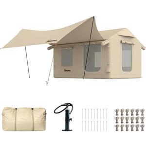 Outsunny Tenda da Campeggio Gonfiabile con Pompa per 6-8 Persone, Tenda Campeggio Impermeabile 3000mm Antivento, con Apertura per Stufa, Tetto Rimovibile e Pavimento Cucito, Montaggio Rapido, Cachi
