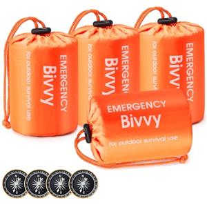 Esky Sacco a pelo di emergenza, confezione da 4 sacchi termici portatili, impermeabili, leggeri, con bussola e fischietto, per campeggio, escursionismo, avventura all'aperto, arancione