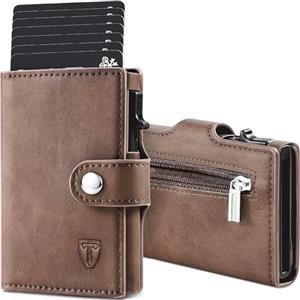 TENBST Portafoglio Uomo Slim, Piccolo Pelle Portamonete, RFID Porta Carte di Credito Uomo, Portatessere Anticlonazione con Bottone, Marrone, Box Regalo