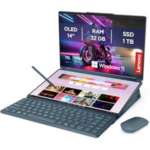 Lenovo Yoga Book 9 Notebook 14" Doppio Display Touch 2.8K (2880x1800) OLED, Intel Core Ultra 7 255H, RAM 32GB, 1TB SSD, Windows 11 Home, Yoga Pen + Yoga Slim Mouse + Folio Stand inclusi - Tidal Teal