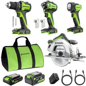 GreenWorks Set di utensili cordless GREENWORKS 24V, 4 pezzi - Avvitatore/trapano brushless e avvitatore a impatto, sega circolare da 6,5", lampada LED, batterie da 4,0 Ah + 2,0 Ah (power bank da 24.000 mAh)