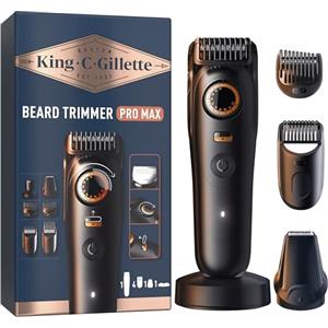 King C. Gillette Rasoio Elettrico Barba Pro MAX, Regolabarba Uomo Senza Fili, 40 Impostazioni Lunghezza, Blocco Sicurezza, Spazzolina Pulizia, 4 Pettini Intercambiabili, Base Ricarica, Custodia Zip
