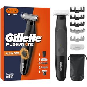 Gillette Fusion One Rasoio Elettrico Uomo Barba E Corpo, 3 Pettini Barba (1,2,5mm) E 1 Pettine Corpo, Testina Oscillante, Custodia, Impermeabile, Senza Fili, 45 Min Autonomia, Tecnologia Braun