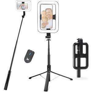 NEEWER BASICS 10W Luce Selfie con Treppiede, LED Ring Light Quadrato da 1200mAh, 72" Selfie Stick Porta Telefono Compatibile con iPhone, CRI90 3 Modalità Telecomando per Video Vlog di Viaggio, NL100B
