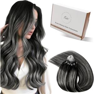 Hetto extension Microring Balayage Nero Naturale con Argento 35cm 50Ciocche