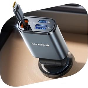 Lamicall 3-IN-1 Caricatore Auto USB C - [Super Compatto] 50W Carica Rapida, Accendisigari Auto con 75CM Cavo Retrattile Type-C & Porta USB-C/A, 180° Pieghevole Spina 12/24V, per iPhone/Samsung/Android