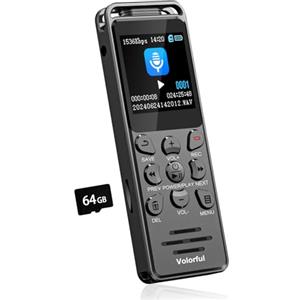 Volorful 80GB Registratore Vocale Professionale, Volorful 70 Ore Registratore Audio con 1,44" Schermo Colori, Attivazione Vocale, Lettore MP3, USB-C Registratori Vocali Digitale Portatile per Lezioni Riunioni