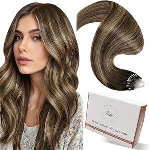 Hetto Extension Capelli Veri Microring Balayage Marrone medio & Biondo dorato - Remy Capelli Umani Estensioni, Invisibile Adesive, Look Naturale per Uso Quotidiano 50g 50ciocche 35cm