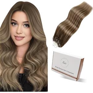 Hetto Extension Capelli Veri Microring Balayage Marrone chiaro & Biondo miele - Remy Capelli Umani Estensioni, Invisibile Adesive, Look Naturale per Uso Quotidiano 50g 50ciocche 35cm