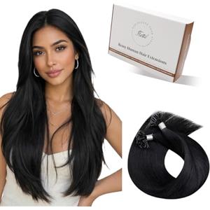 Hetto Extension Capelli Veri Cheratina Nero - Remy Capelli Umani U Tip Estensioni, Invisibile Adesive, Look Naturale per Uso Quotidiano 50g 50ciocche 35cm