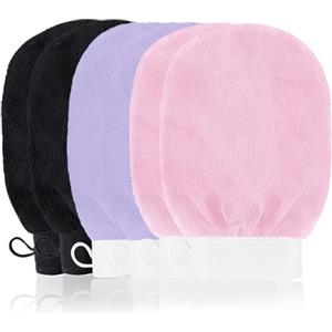 URAQT Guanto Esfoliante da Bagno, 6 Pezzi Guanto Doccia Guanto,Scrub Corpo in Filato Sintetico, Guanti Esfolianti per Doccia, Spa, Massaggi e Rimozione delle Cellule Morte (nero, rosa, viola)