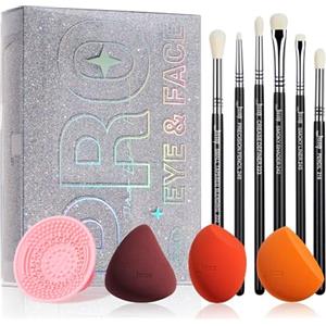 Jessup Pennelli Set 3 spugne trucco, set 6 pennelli ombretto, tappetino pulizia dei pennelli trucco e scatola trucco specchio Strumenti bellezza premium un'applicazione impeccabile T504