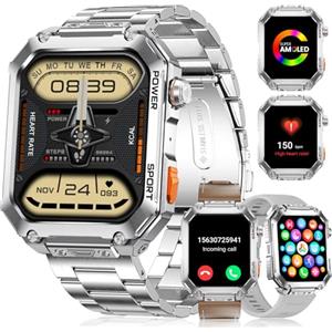 BENYAR SMART Militare Smartwatch Uomo-3 cinghie 1.91'' /500mAh Batteria,Orologio Fitness con 100+ Modalità Sportive, 24/7 Frequenza Cardiaca, SpO2,Sonno Monitoraggio IP68 Impermeabile per Android iOS,Argento