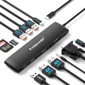 Lemorele Docking Station USB C/A 10Gbps 3 Display - 12 in 1, Hub Dual Monitor Con 2 HDMI 4K, VGA, Audio, 3 USB 3.2/1 2.0, USB-C 3.1, PD100W, SD/TF, Tre Display