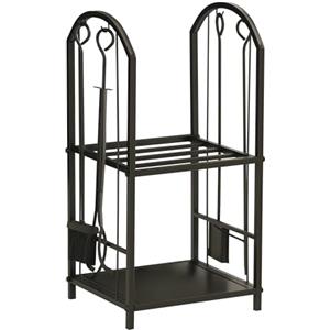 Outsunny Portalegna da Interno ed Esterno a 2 Ripiani in Metallo, Portalegna per Camino con Paletta, Scopa, Attizzatoio e Pinza, 41.5x32.5x74.5 cm, Nero