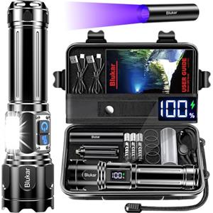 Blukar Torcia LED Potente Professionale, Ricaricabile Super Luminoso Zoomabile Torcia Alta Potenza con Luce Laterale COB, 2 Temperature di Colore & 7 Modalità Impermeabile per Campeggio/Emergenza