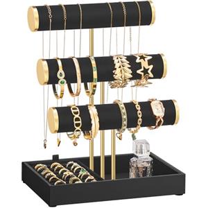 SONGMICS Porta Bracciali, Espositore per Gioielli, Portagioie con 3 Supporti per Braccialetti e Vassoio in Velluto, Porta Anelli Rimovibile, Nero Inchiostro JJS027B01
