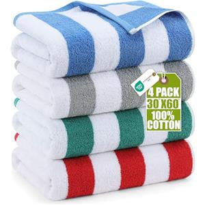 Utopia Towels - Grandi Asciugamani da Spiaggia/Piscina a righe Cabana (76 x 152 cm) - 100% cotone filato, morbidi e ad asciugatura rapida (set di 4 - Blu, Grigio, Rosso e Verde)