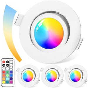 GeyouLux Faretti da Incasso LED Dimmerabili RGB, Faretti a 230V 68mm in Alluminio, IP44 5W 3CCT Plafoniere Orientabili a 120°+ 45°, Faretti da Incasso Bianchi con Telecomando IR per Bagno, 4 Pezzi