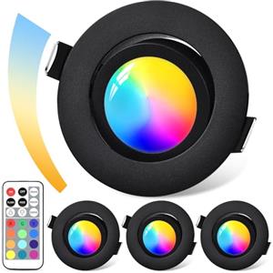 GeyouLux Faretti da Incasso LED Dimmerabili RGB, Faretti a 230V 68mm in Alluminio, IP44 5W 3CCT Plafoniere Orientabili a 120°+ 45°, Faretti da Incasso Neri con Telecomando IR per Soggiorno, 4 Pezzi