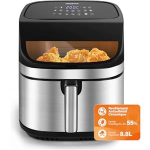 Aigostar Friggitrice ad Aria XXL 8,8 Litri, Air Fryer Doppia Resistenza, Risparmio Energetico 55%, 13 Programmi, Interno Acciaio Inox, Touchscreen & Finestra, Comunità Ricette, 2200W, Nero