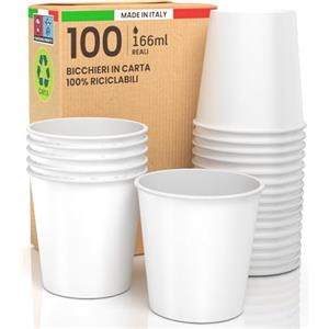 Baciato Caffè 100 Bicchieri in Carta Bianchi 166ml Ecologici Biodegradabili Monouso Made in Italy Asporto Bevande Calde Acqua - Prodotto e confezionato in Italia
