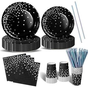 Nkaiso Stoviglie Per Feste 120 Pezzi Nero e argento Festa della Addobbi Ragazza di Compleanno dei Dambini Festa Posate set Include Piatto Usa e Getta di Carta Party Tovaglioli Posate -24 Ospiti
