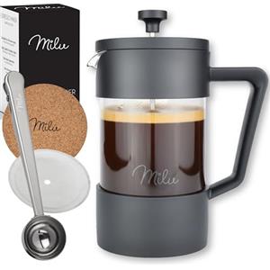 Milu Caffettiera francese Pressa per Caffè | 350ml 600ml 1L | Vetro French Press Caffettiera stantuffo (Nero, 350ml (2 tazze)