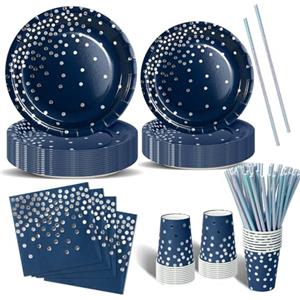 Nkaiso Stoviglie Per Feste 120 Pezzi Blu Navy e Argento Festa della Addobbi Ragazza di Compleanno dei Dambini Festa Posate set Include Piatto Usa e Getta di Carta Party Tovaglioli Posate -24 Ospiti