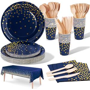 Nkaiso Stoviglie Per Feste, 141 Pezzi Oro Blu Navy Set Compleanno Bambina Include Piatti Carta Usa e Getta Bicchieri Tovaglioli per Matrimoni Anniversari Decorazioni Festa -20 Ospiti
