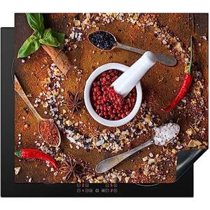 KitchenYeah© Protezione Piano Induzione 59x52 cm Cucina Copri Fornelli Proteggi di Cottura Antiscivolo Tappetino Mortaio - Erbe - Cucchiai - Spezie - Marrone - Pepe