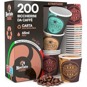 Eurocali 200 Bicchierini in Carta per caffè 65ml PubCUP Mix Bicchieri Ecologici Biodegradabili Monouso Piccoli Asporto Bevande Calde