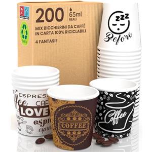 Eurocali 200 Bicchierini in Carta per caffè 65ml bicchieri Ecologici Biodegradabili Monouso Asporto Bevande Calde Acqua Varie Fantasie